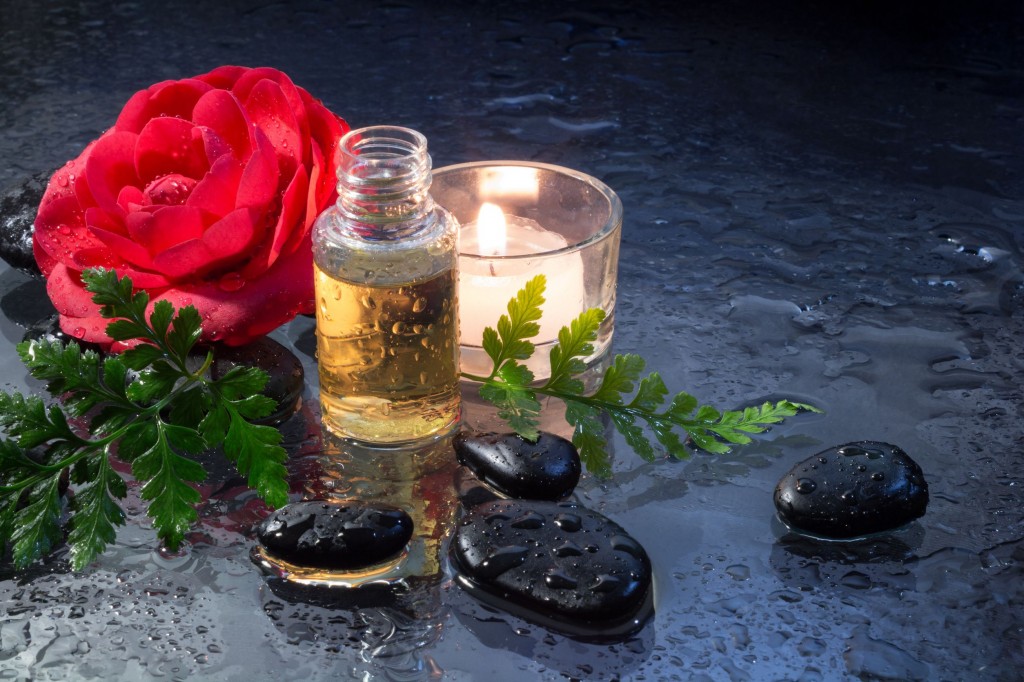 21410768 - camellias, oil, black stones, fern and candle - closeup