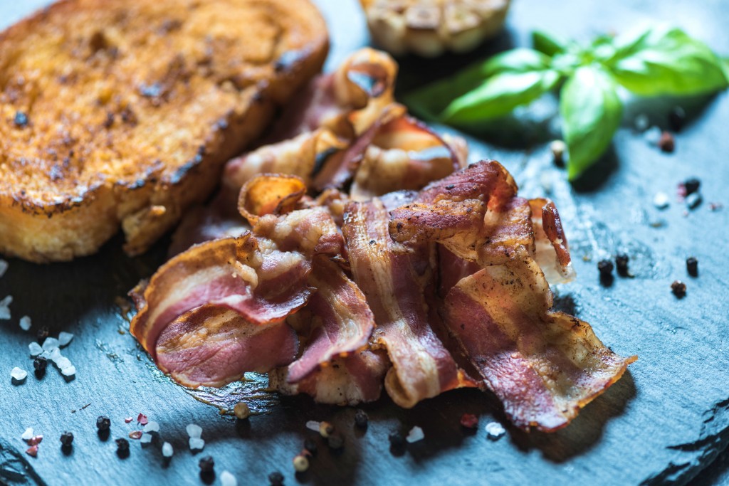 49635467 - close up to fried domestic bacon,selective focus