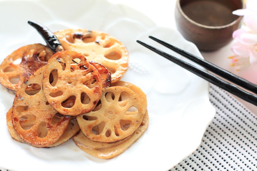18762397 - stir fry lotus root on white dish for japanese cuisine image
